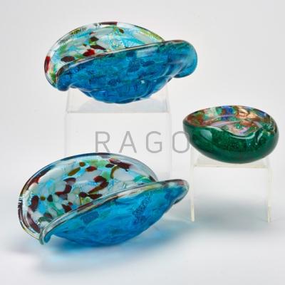 Appraisal: MURANO Three biomorphic bowls two teal with silver-leaf and polychrome