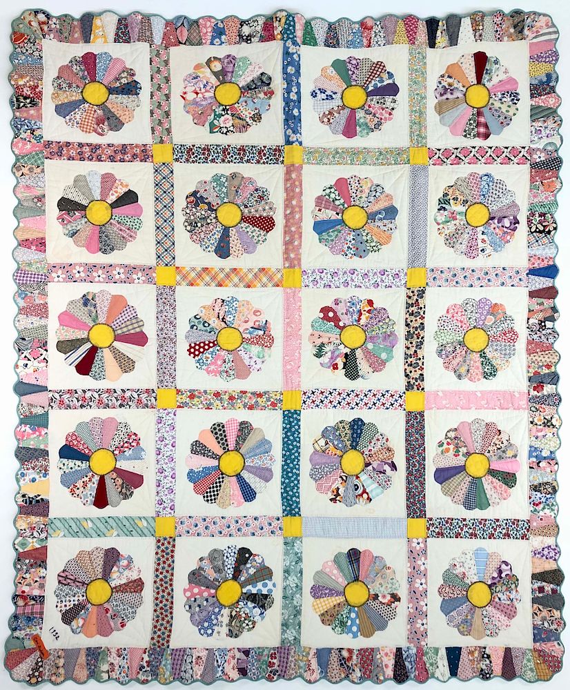 Appraisal: Signed and Dated Multi-color Dresden Plate Patchwork Quilt circa Signed