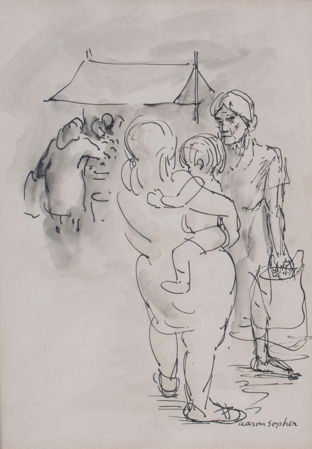 Appraisal: Aaron Sopher Market Scene pen and ink with wash American