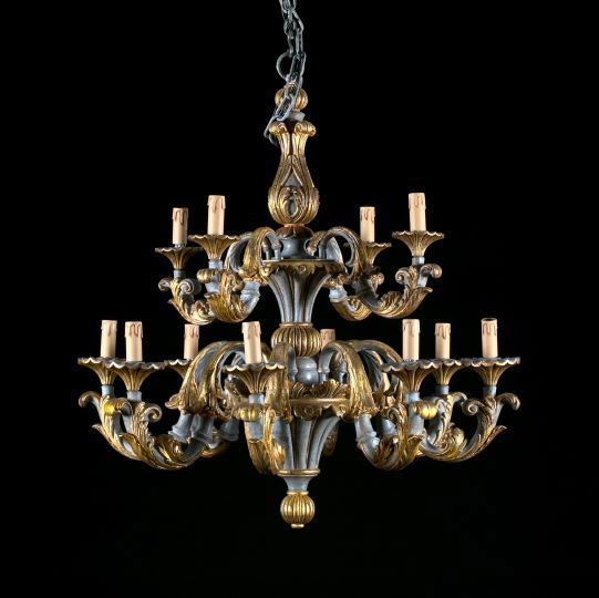 Appraisal: Large Italian Carved Gray-Painted and Gilt-Lacquered Argente Wood Tiered Twelve-Light