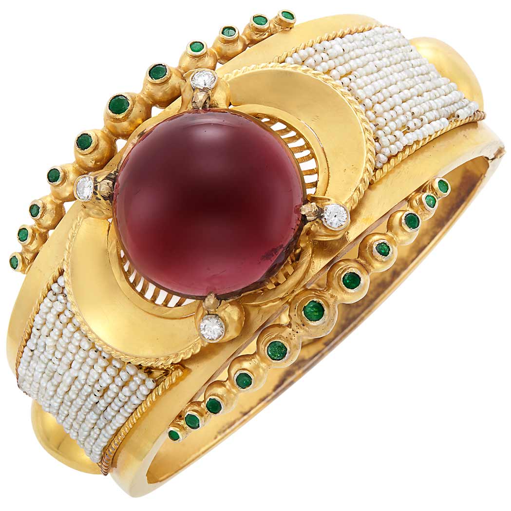 Appraisal: Antique Gold Cabochon Garnet Diamond Seed Pearl and Emerald Cuff