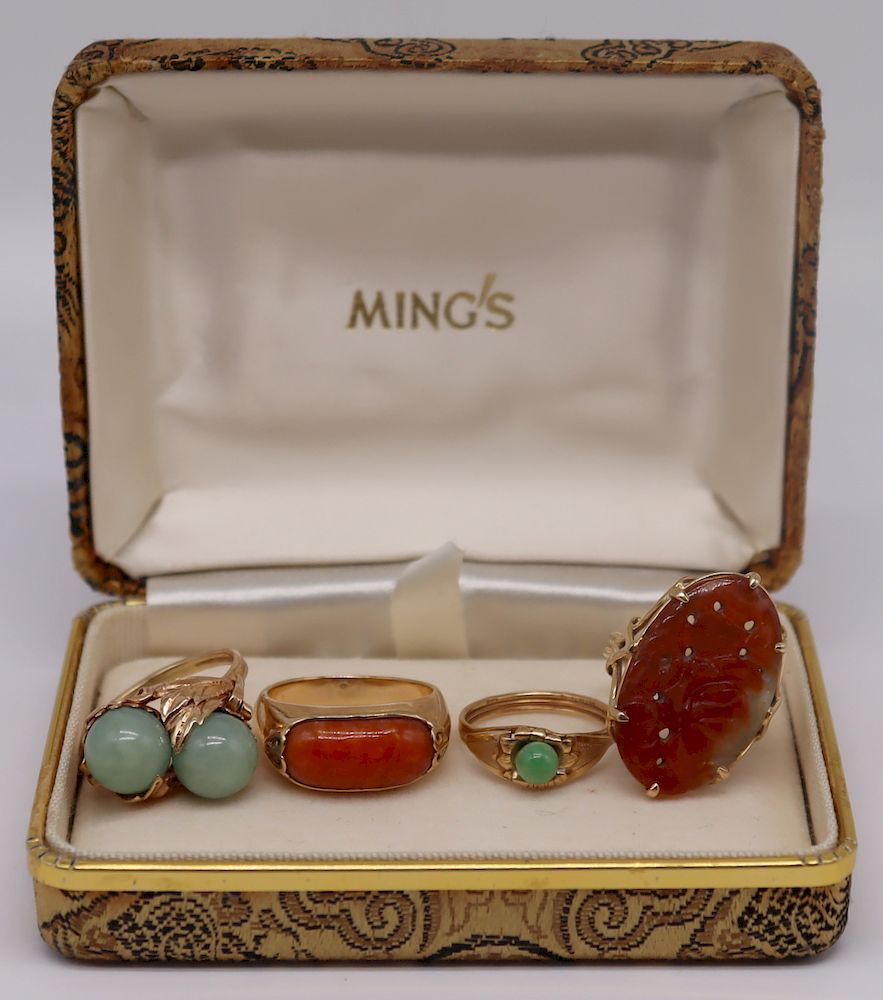 Appraisal: JEWELRY kt Gold Jade and Carnelian Rings Includes a Ming's