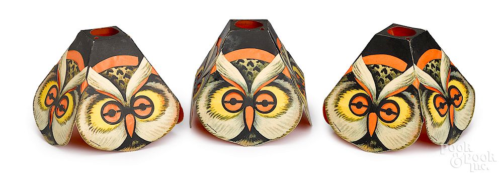 Appraisal: Three German Halloween owl lamp shades Three German Halloween owl