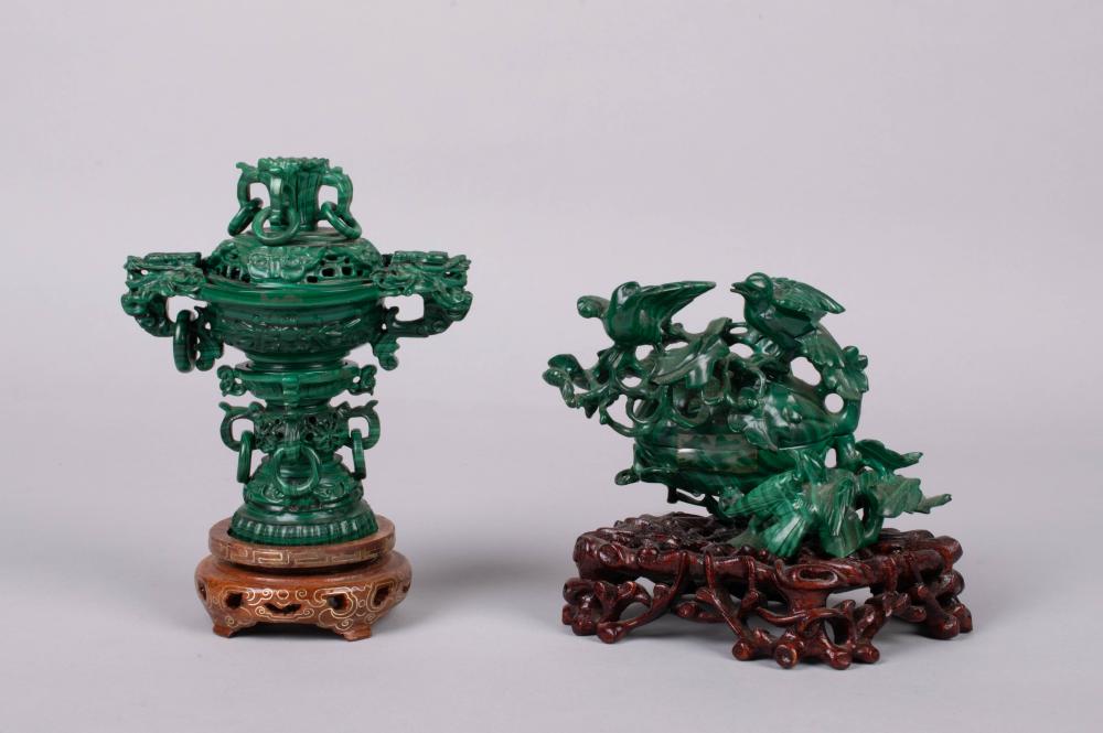 Appraisal: TWO CHINESE MALACHITE CARVINGS the first a delicately pierced and