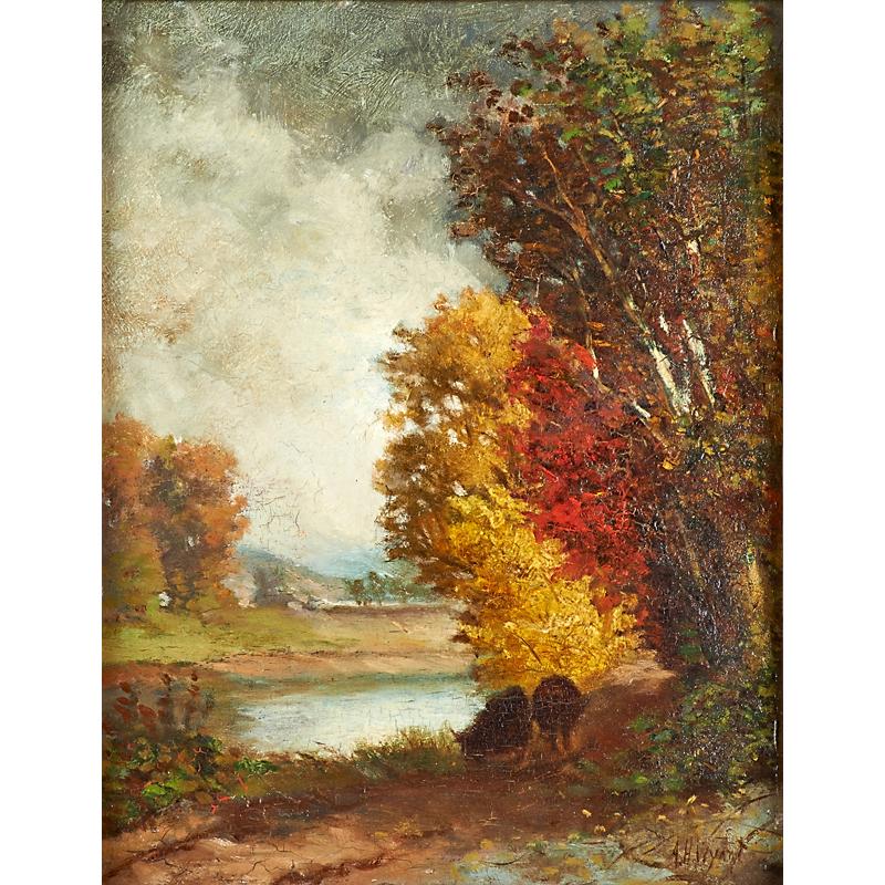 Appraisal: ALEXANDER HELWIG WYANT American - Oil on panel autumn landscape