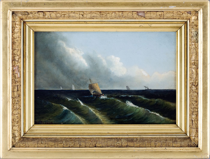 Appraisal: VESSEL IN CHOPPY SEAS WITH STEAMER ON HORIZON Oil on