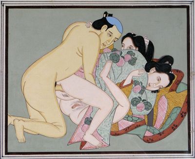 Appraisal: Erotic interest five Japanese miniature paintings in Shunga style of