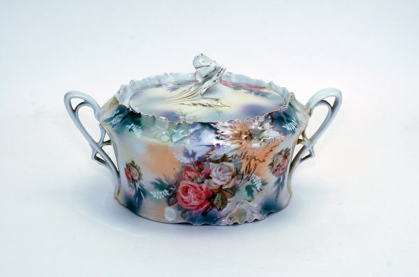 Appraisal: Circa lidded porcelain cracker jar two handles having rose decoration