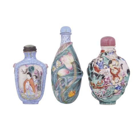 Appraisal: A Set of Three Moulded Porcelain Snuff Bottles Qing Dynasty