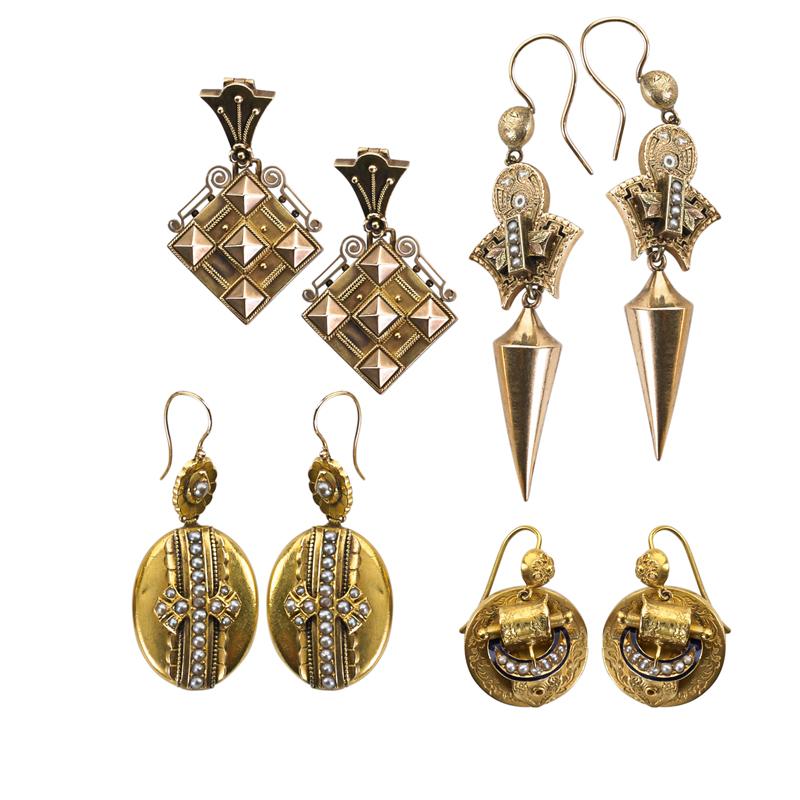 Appraisal: FOUR PAIRS ELABORATE VICTORIAN GOLD EARRINGS Condition Report