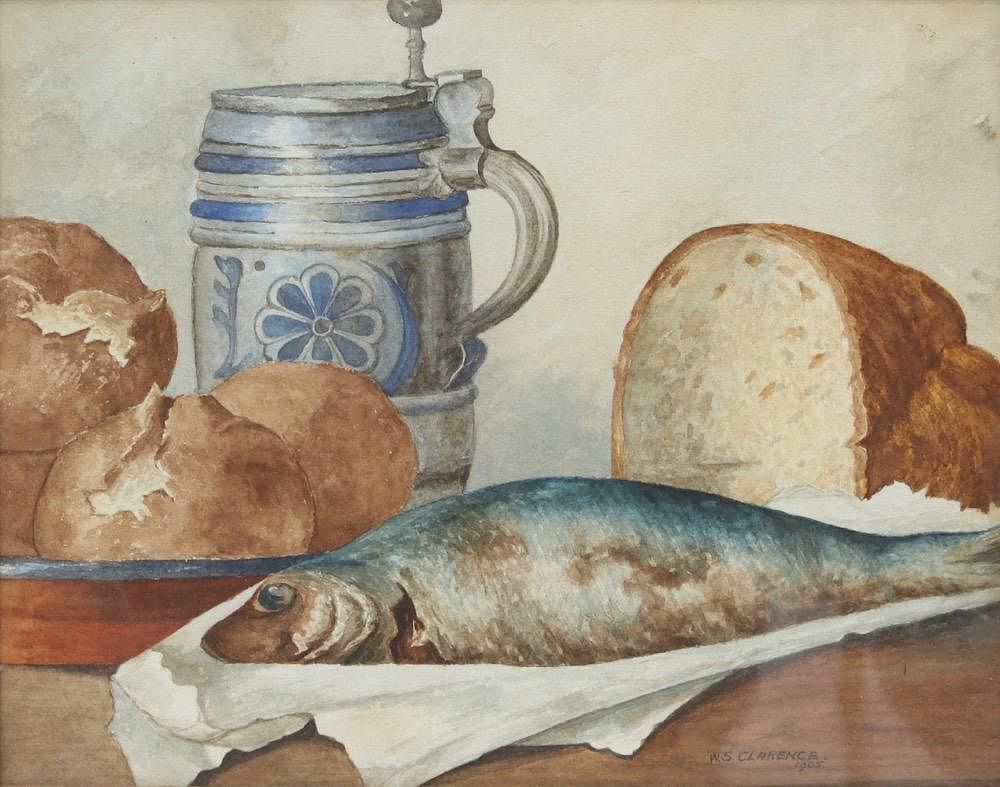 Appraisal: W S Clarence Still Life with Fish Bread and German