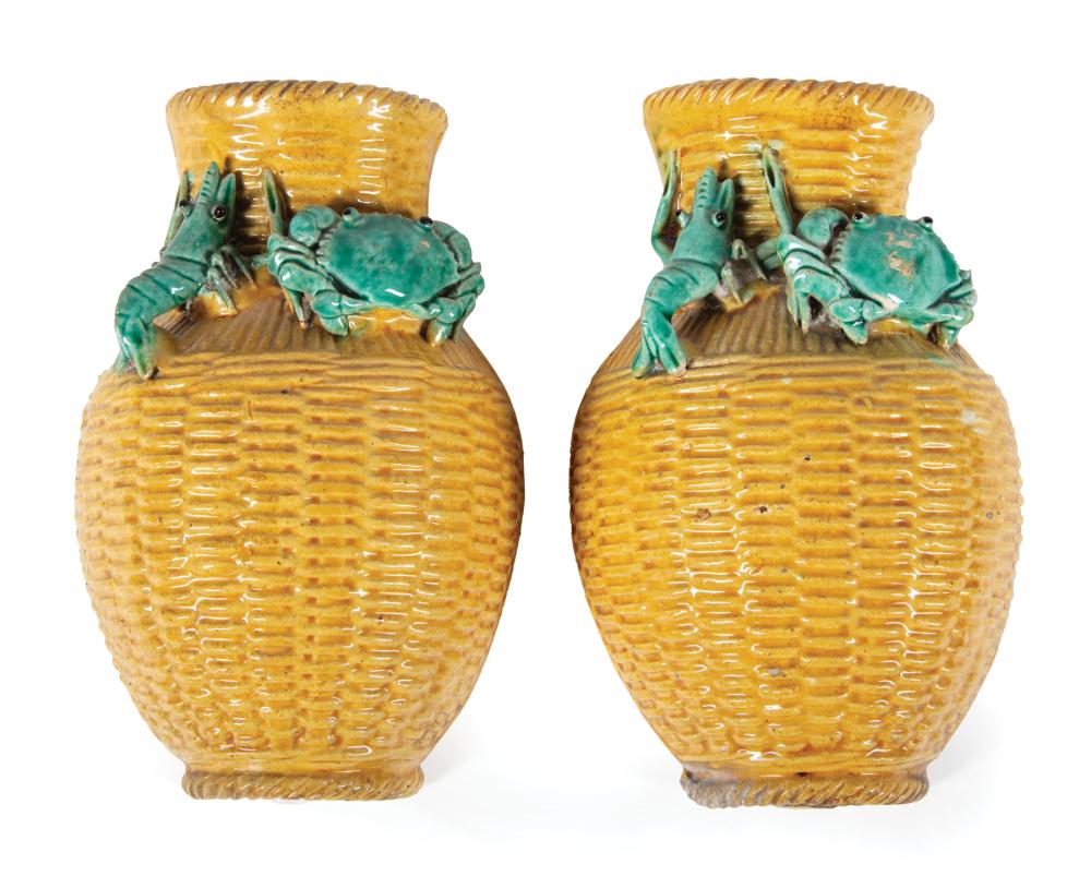 Appraisal: Pair of Chinese Glazed Pottery Wall Pocket Vases th early