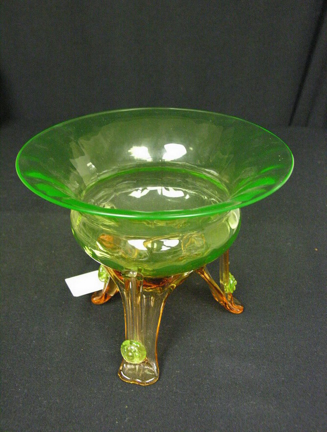 Appraisal: GREEN AND PEACH FOOTED ART GLASS BOWL Thin delicate blown