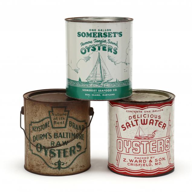 Appraisal: THREE VINTAGE MARYLAND ONE GALLON OYSTER TINS WITH LIDS Someset's