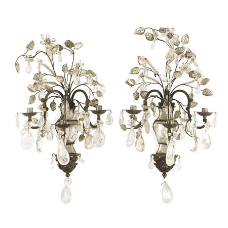 Appraisal: Pair of Neoclassical Style Rock Crystal and Patinated-Metal Three-Light Sconces