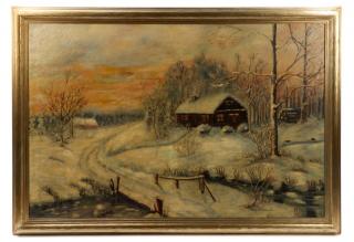 Appraisal: American School Snowy Cabin Scene Oil American School first third