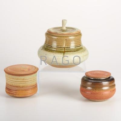 Appraisal: KAREN KARNES Three lidded stoneware vessels Impressed KK monogram Largest