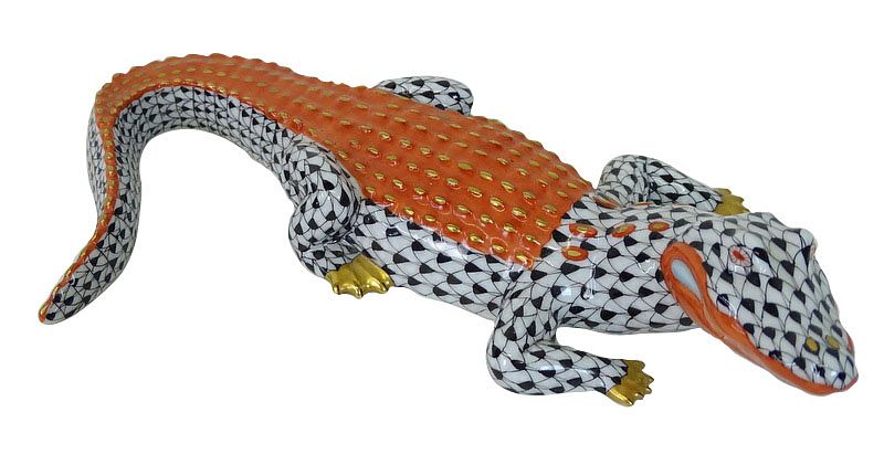 Appraisal: Herend Porcelain Black Fishnet Alligator Figurine Herend Porcelain Black Fishnet