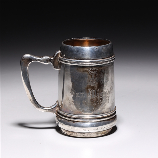 Appraisal: Sterling silver tankard stamped with crest and inscribed with San