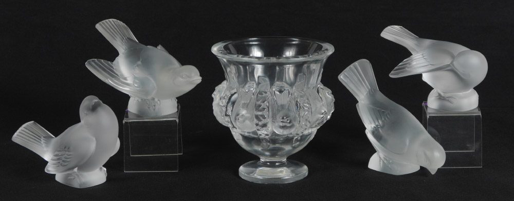 Appraisal: pc LALIQUE CRYSTAL To include DAMPIERRE Vase alternating bird and