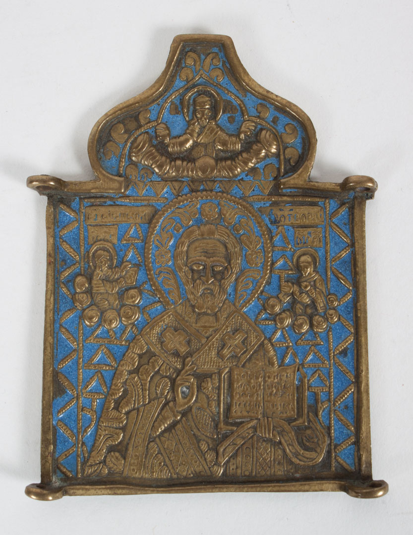 Appraisal: Russian Christian enameled brass triptych center th century or earlier