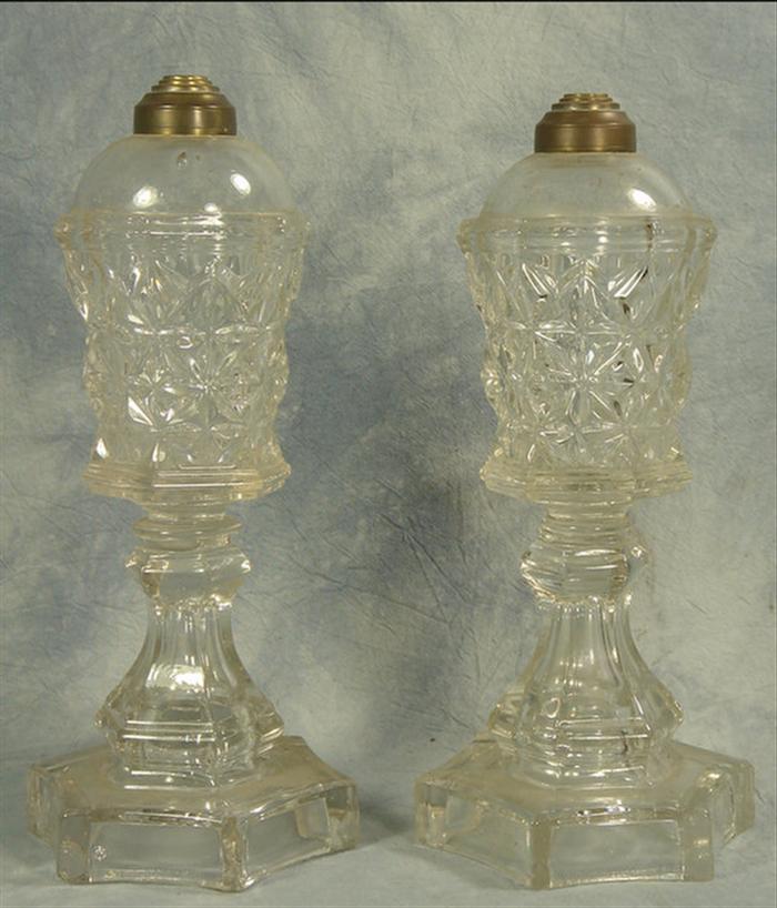 Appraisal: Pr flint glass whale oil lamps h tops fitted for