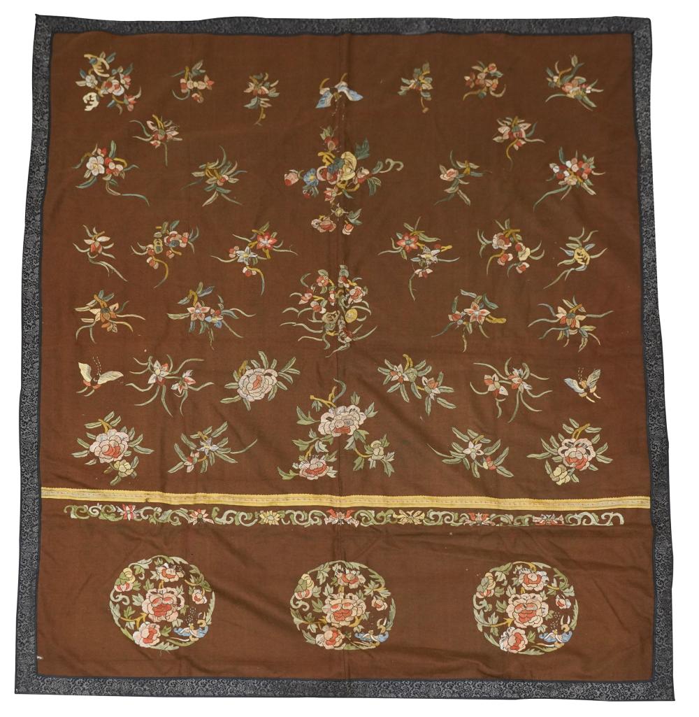 Appraisal: ASIAN EMBROIDERED TEXTILEworked in silk on brown wool with linen