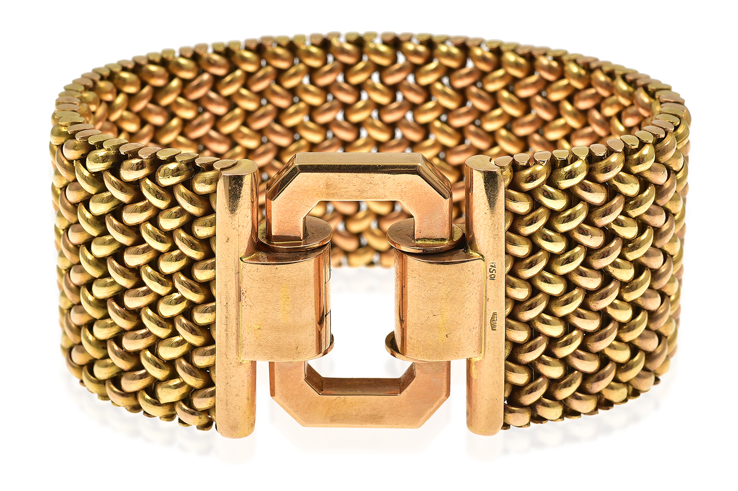 Appraisal: A RETRO GOLD BRACELET The wide woven bracelet centred with