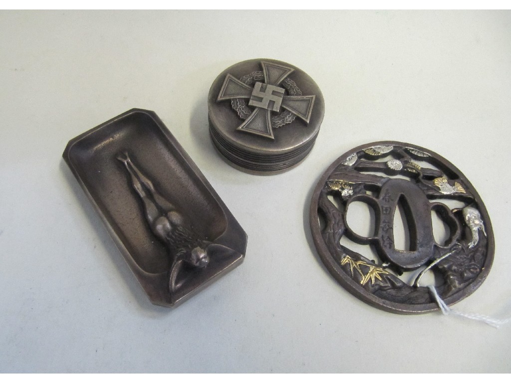 Appraisal: Lot comprising reproduction tsuba figural dish and Swastika mounted box