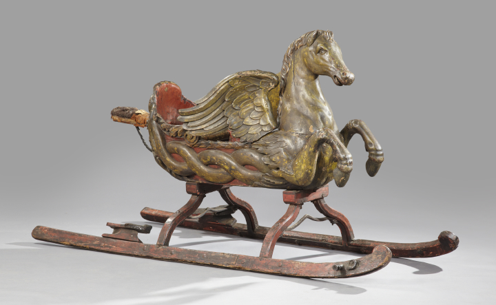 Appraisal: Extremely Rare Continental Carved and Polychromed Pegasus Sleigh mid- th