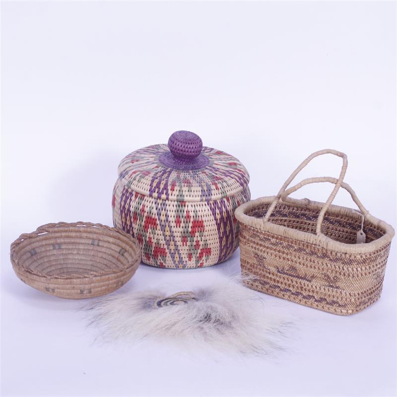 Appraisal: Four various Alaskan Eskimo polychrome baskets and weavings H x