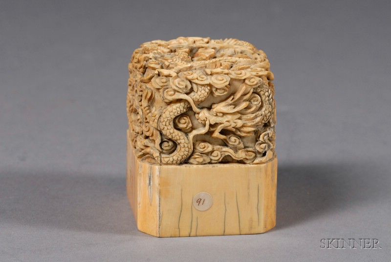 Appraisal: Ivory Seal China th th century finial carved with dragons