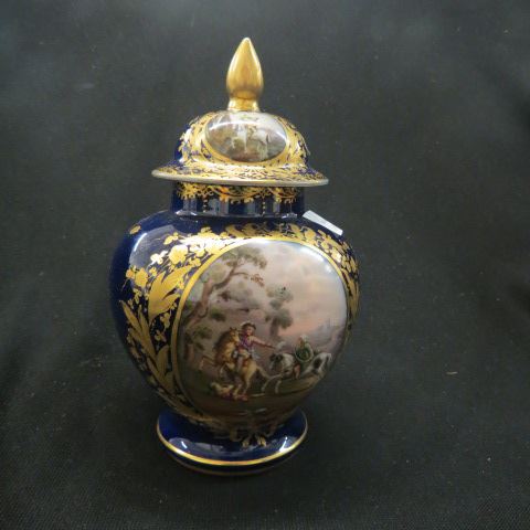 Appraisal: Fine Porcelain Covered Urn handpainted with scene of horses riders