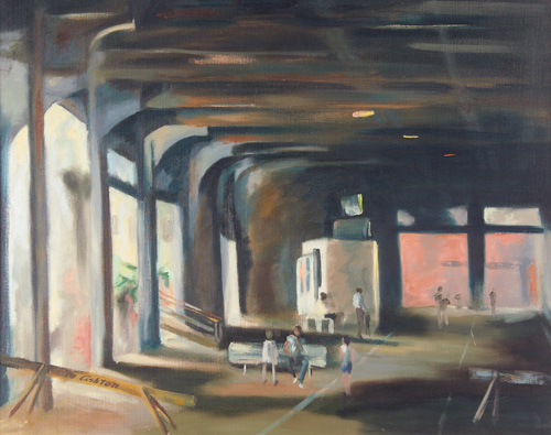 Appraisal: May Ashton American - Untitled Urban Scene oil on canvas