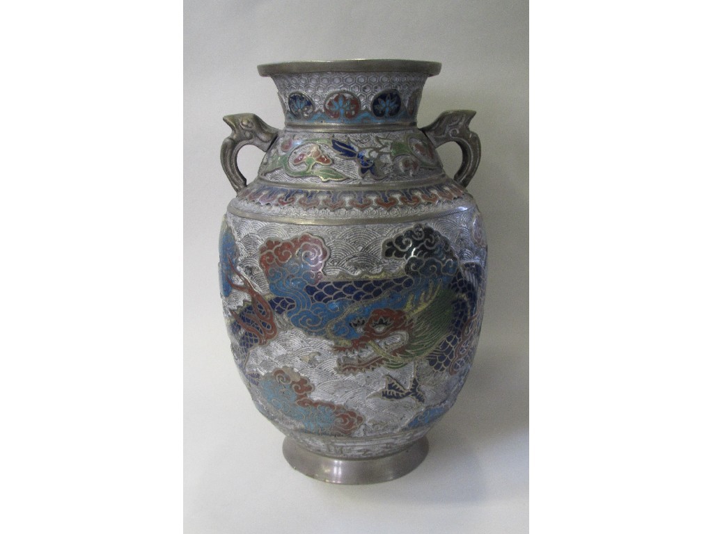 Appraisal: Japanese white metal vase with enamel decoration of a dragon