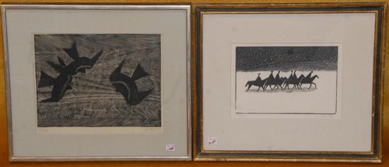 Appraisal: S MARKS Two woodcuts Three Swallows Horses and Riders Winter