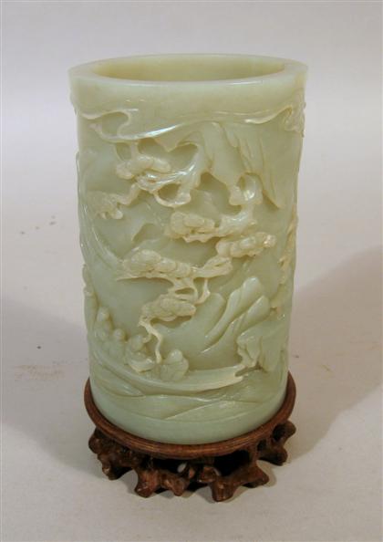 Appraisal: Chinese celadon jade brush pot th th century Well-carved cylindrical