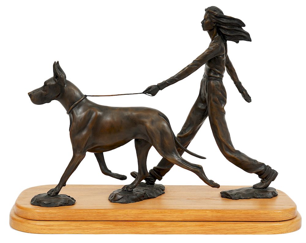 Appraisal: Louise Peterson 'Walking the Dane' Bronze Statue Louise Peterson U