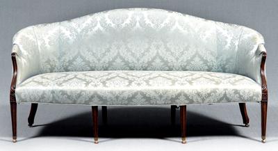 Appraisal: Hepplewhite style upholstered sofa carved mahogany arm supports and legs