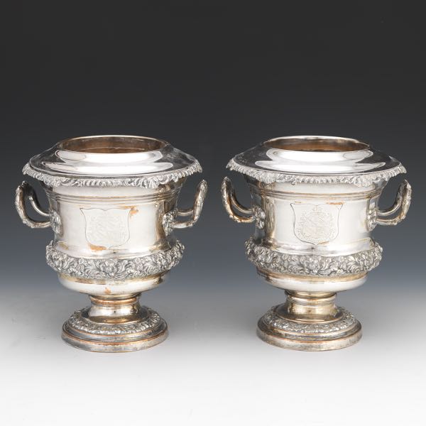 Appraisal: PAIR OF SILVER-PLATED WINE COOLERS H x W Silver-plate over