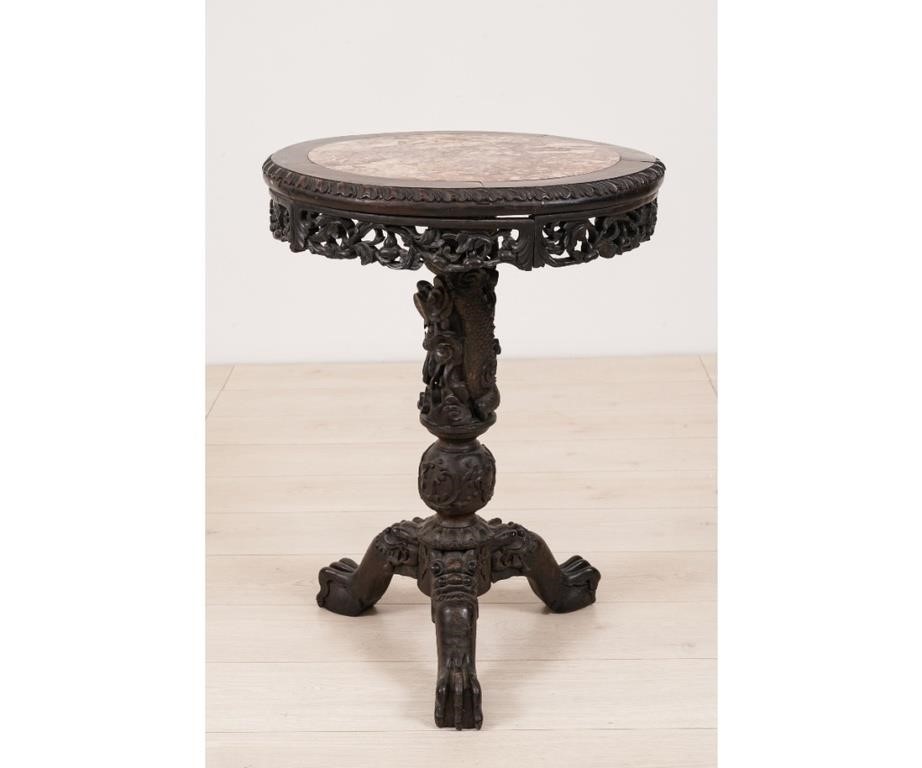 Appraisal: Asian wood carved marble top table the base with dragons