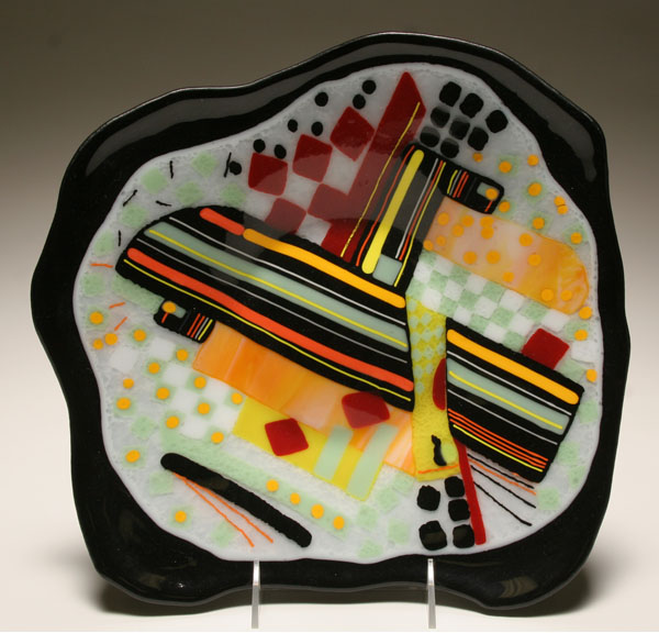 Appraisal: Kymm Hughes black square glass dish Mosaic design in yellow