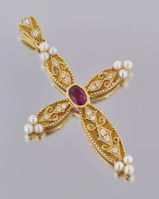 Appraisal: An k Gold Diamond Ruby and Pearl Pendant k yellow