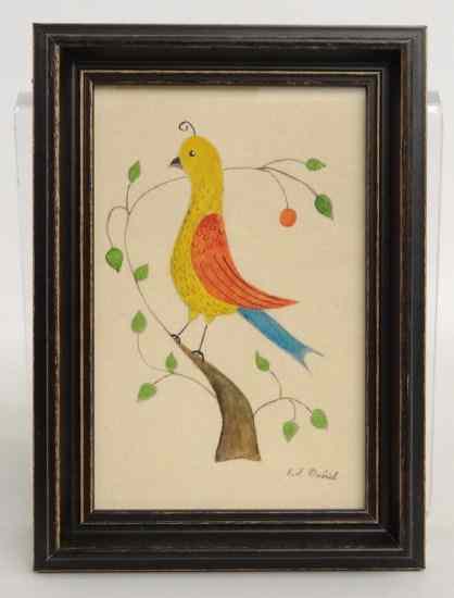 Appraisal: Watercolor folk art bird by noted CT artist Evelyn S