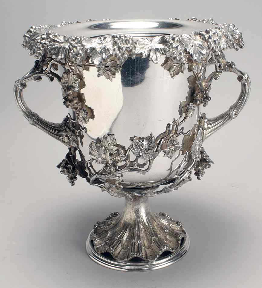 Appraisal: SILVER PLATED WINE COOLERWith grapevine supports twig handles and leaf-form