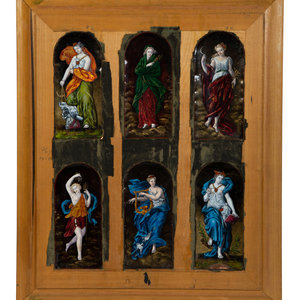 Appraisal: Six Mounted Limoges Enamel Panels Depicting Greek Deities TH CENTURY