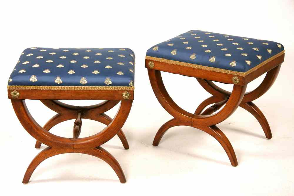 Appraisal: PAIR CONTINENTAL UPHOLSTERED STOOLS - Pair of French Mahogany Carved