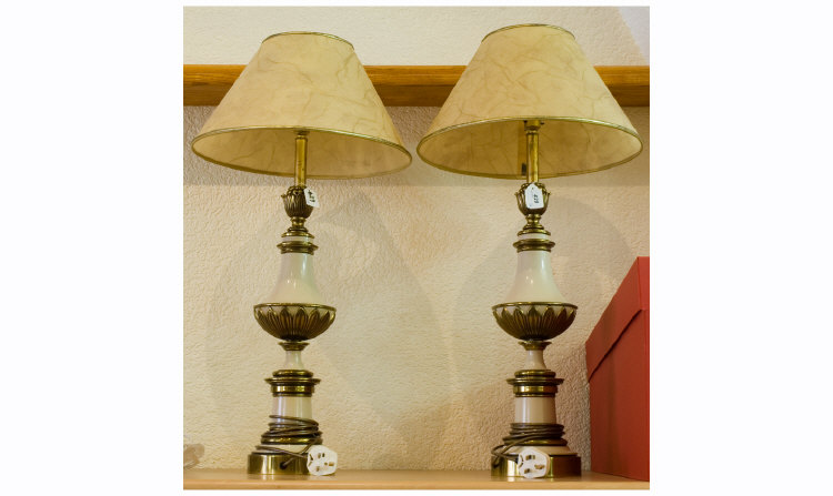 Appraisal: Brass and Enamelled Table Lamps pair with original mottled cream