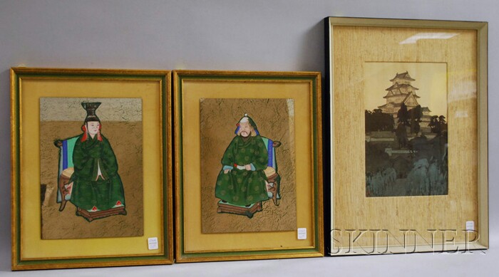 Appraisal: Three Framed Asian Works of Art two Chinese watercolors on