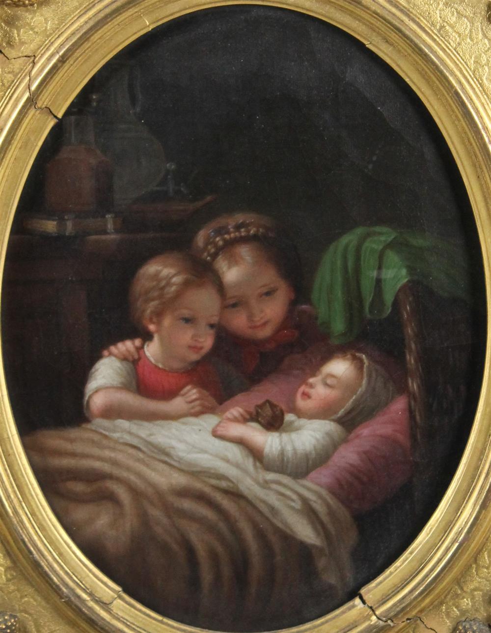 Appraisal: TH CENTURY WATCHING THE SLEEPING CHILD Oil on canvas x